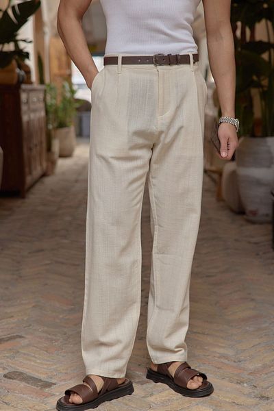 Livio Ferri Dulan Men's Baggy Fit Trousers Linen Look 100% Cotton Elastic Waist