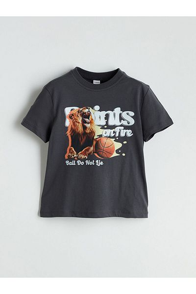 LC Waikiki Anthracite Crew Neck Printed Boy's T-Shirt