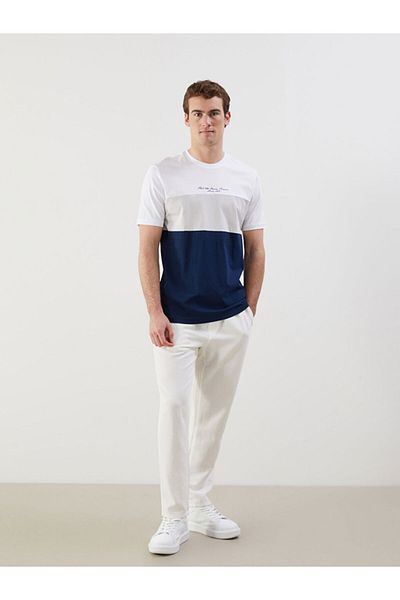 LC Waikiki White Crew Neck Color Block Combed Cotton Men's T-Shirt