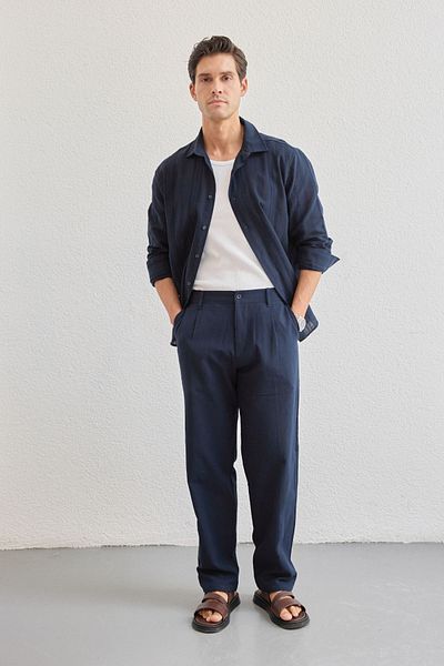 Livio Ferri Dulan Men's Baggy Fit Trousers Linen Look 100% Cotton Elastic Waist