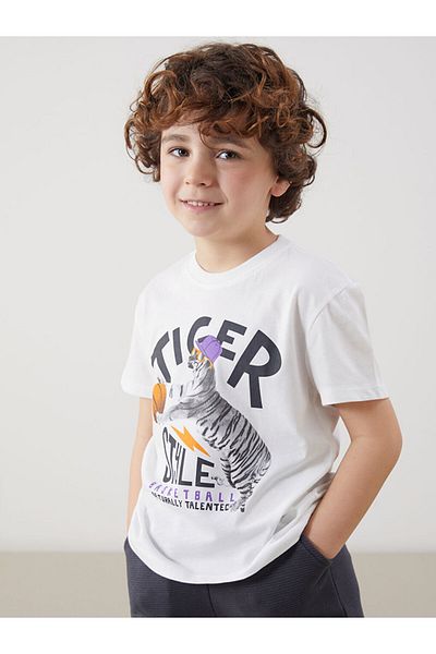 LC Waikiki Ecru Crew Neck Printed Boy's T-Shirt