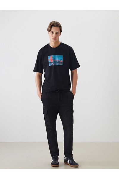 LC Waikiki Xside Black Crew Neck New York Printed Combed Cotton Men's T-Shirt