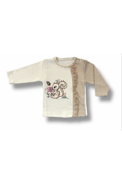 ALFA AKSESUAR 03 3-6 6-9 9-12 Months Tiny Squirrel Embroidered Hat Long Sleeve Sweatshirt 3-Piece Baby Girl Set Brown