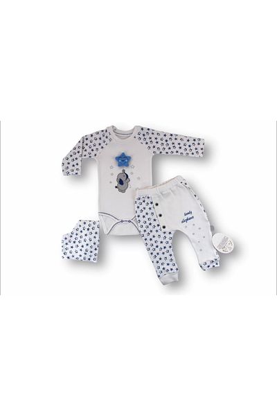 ALFA AKSESUAR 03 3-6 6-9 9-12 Months Polar Star Embroidered Bandage Long Sleeve Bodysuit 3-Piece Baby Boy Set Ecru