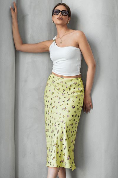 Hisleria Floral Pattern Viscose Satin Midi Length Skirt on Yellow Background - Yellow Background