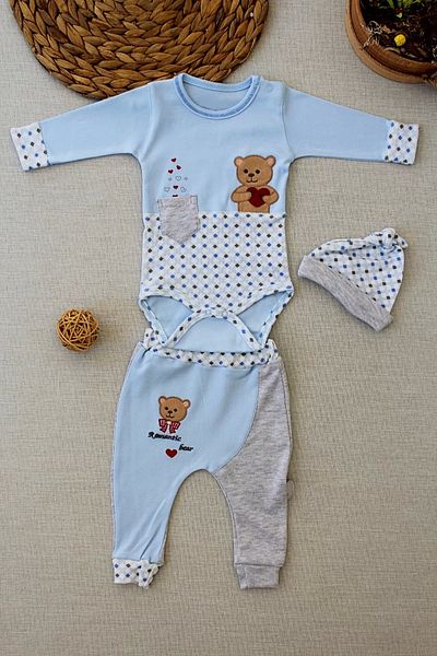 ALFA AKSESUAR 03 3-6 9-12 12-18 Months Romantic Teddy Bear Embroidered Hat Long Sleeve Bodysuit 3-Piece Girl-Boy Baby Set Blue