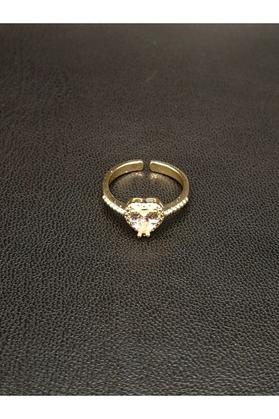 Han Ticarethane Gold Color Single Stone Heart Model Ring with Stones
