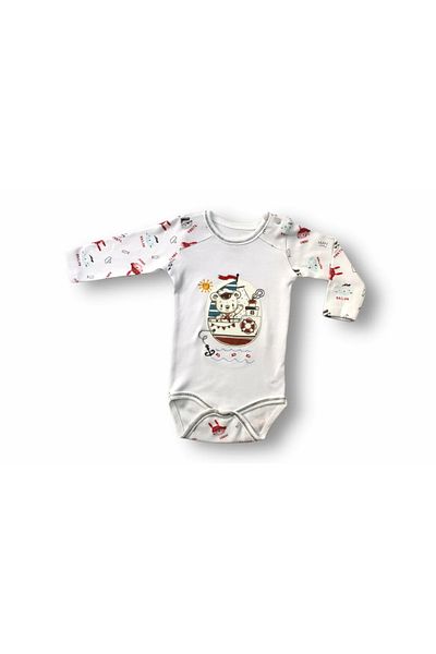 ALFA AKSESUAR 03 3-6 6-9 9-12 Months Little Pirate Embroidered Hat Long Sleeve Bodysuit 3-Piece Girl-Boy Baby Set Ecru
