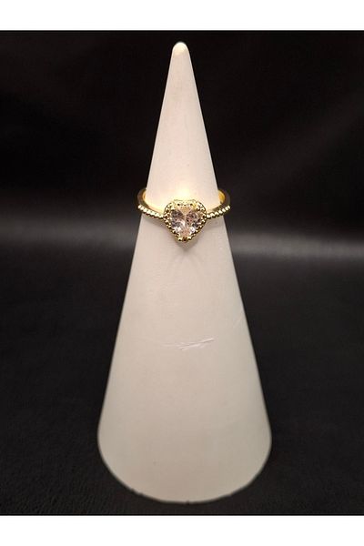 Han Ticarethane Gold Color Single Stone Heart Model Ring with Stones