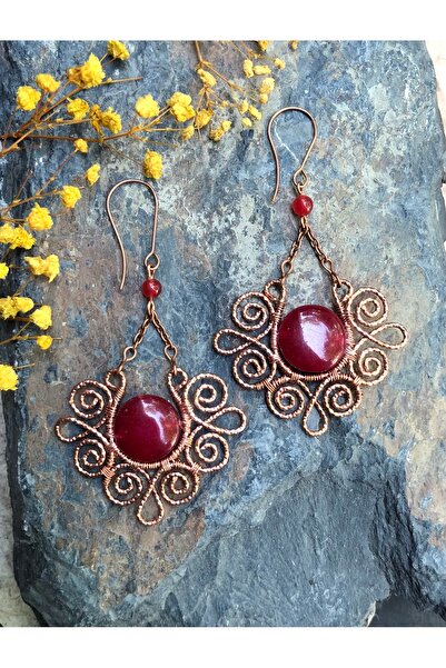 MODA Doğal Akik Taşlı El Yapımı Bakır Tel Sarma Küpe