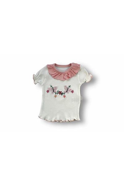 ALFA AKSESUAR 03 6-9 9-12 12-18 Months Floral Embroidered Novel Shalwar Bandana Short Sleeve Sweat 3-Piece Baby Girl Set Powder