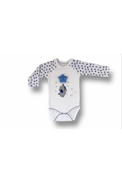 ALFA AKSESUAR 03 3-6 6-9 9-12 Months Polar Star Embroidered Bandage Long Sleeve Bodysuit 3-Piece Baby Boy Set Ecru