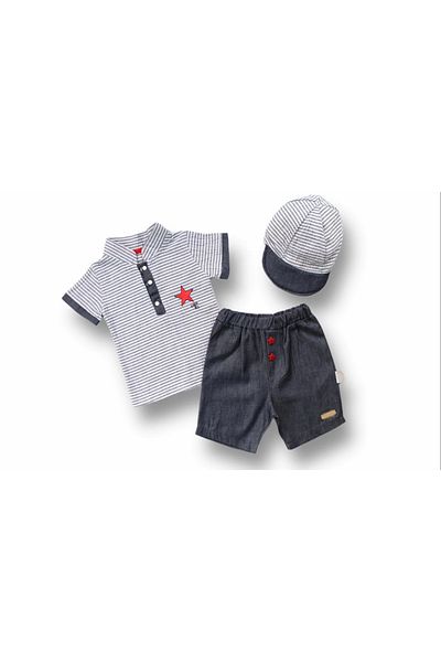 ALFA AKSESUAR 03 6-9 9-12 12-18 Months Short Sleeve Sweatshirt with Vip Collar and Hat 3-Piece Baby Boy Set Gray