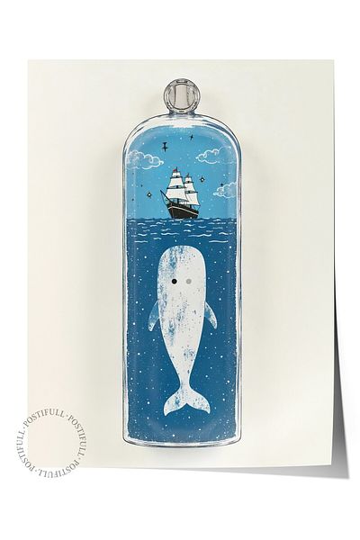 Postifull Frameless Wall Poster, White Whale, Illustration, Blue Color Poster, 2025 Summer Selection, No:109522