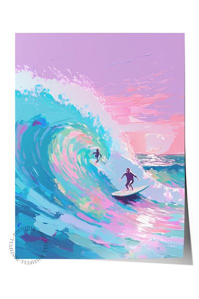 Postifull Frameless Wall Poster, Surfer, Wave, Ocean, Illustration, Impressionist, Blue, Pink Color Post