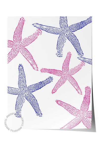 Postifull Frameless Wall Poster, Starfish, Flat Illustration, Blue, Pink Color Poster, 2025 Summer Selection,