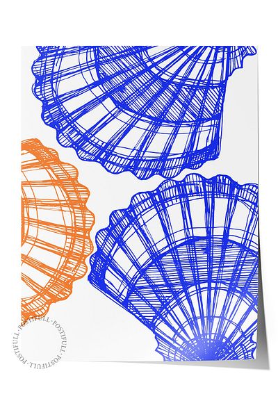 Postifull Frameless Wall Poster, Shell, Pattern, Illustration, Blue, Orange Color Poster, 2025 Summer Selection, N