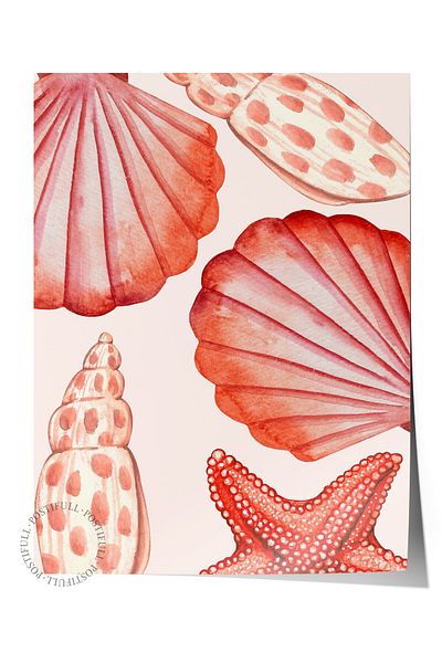 Postifull Frameless Wall Poster, Seashell, Starfish, Watercolor, Red Color Poster, 2025 Summer Select