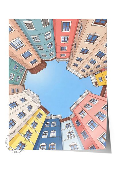 Postifull Poster de perete fără încadrare, clădiri colorate, ilustrație, poster de culoare roz, selecție de vară 2025, NR:1095