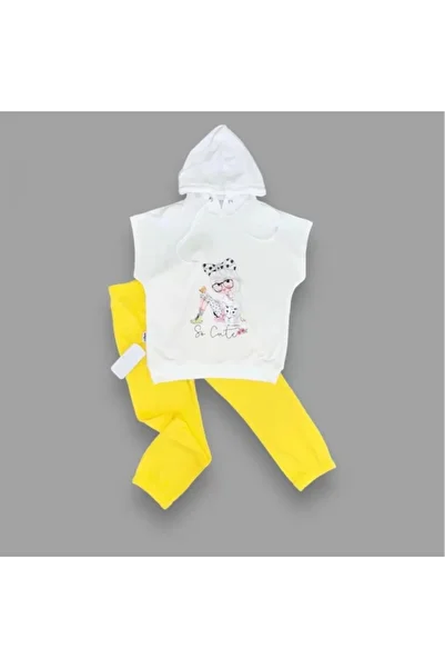 ALFA AKSESUAR 03 3-4-5 Years Old Hooded Cute Girl Printed Short Sleeve Set of 2 Girls Boys Yellow