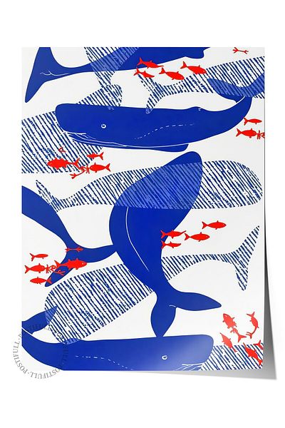 Postifull Frameless Wall Poster, Blue Whales, Illustration, Blue Color Poster, 2025 Summer Selection, No:10952