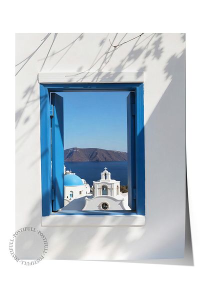 Postifull Frameless Wall Poster, Greek Island Facing Window, Photo, Blue Color Poster, 2025 Summer Selection,