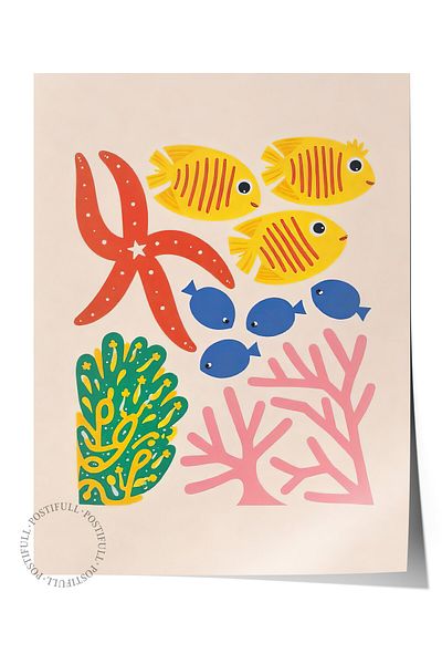 Postifull Poster de perete fără încadrare, fundul mării, ilustrație, maximalist, poster de culoare galbenă, selecție de vară 2025