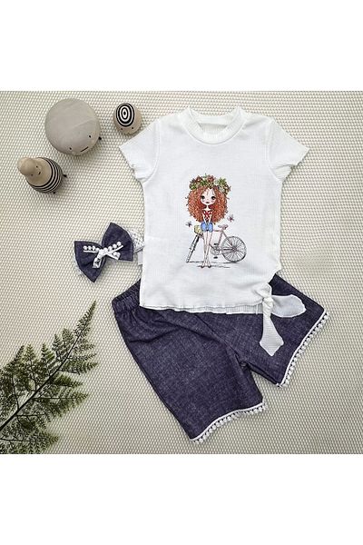 ALFA AKSESUAR 03 1-2-3 Years Old Bicycle Girl Printed Bandana Denim Patterned Shorts Short Sleeve T-Shirt 3-Piece Baby Girl Set