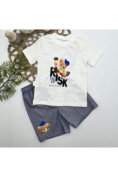ALFA AKSESUAR 03 1-2-3 Years Old Skateboard Bear Printed Short Sleeve T-shirt with Shorts 2-Piece Baby Boy Set Indigo