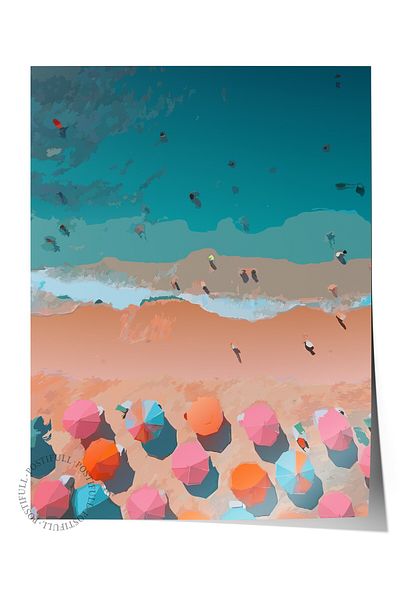 Postifull Frameless Wall Poster, Beach, Umbrellas, Ocean, Illustration, Contemporary, Multicolor, Blue Re