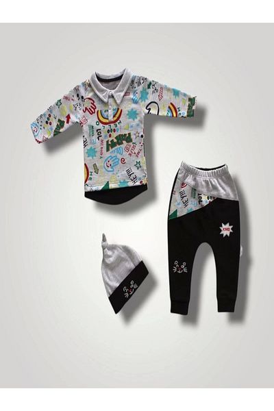 ALFA AKSESUAR 03 6-9 12-18 18-24 Months Power Cat Embroidered Long Sleeve Sweat Hat 3-Piece Baby Girl and Boy Set Black