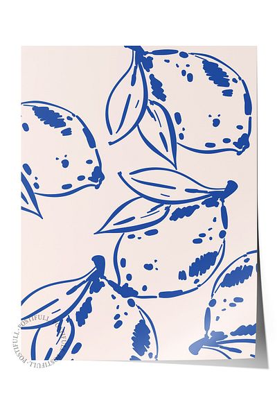 Postifull Frameless Wall Poster, Lemons, Leaves, Flat Illustration, Blue, Beige Color Poster, Choose Summer 2025