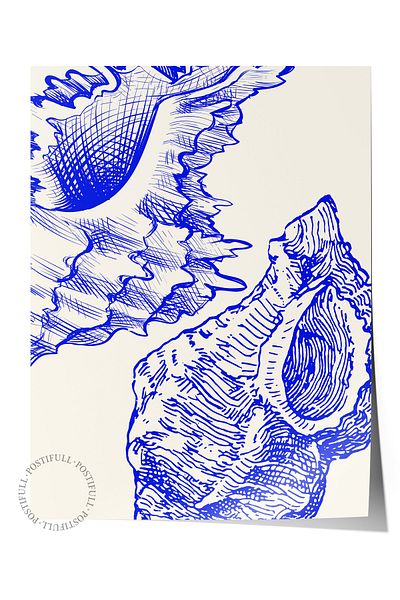 Postifull Frameless Wall Poster, Seashells, Illustration, Blue, White Color Poster, 2025 Summer Selection,