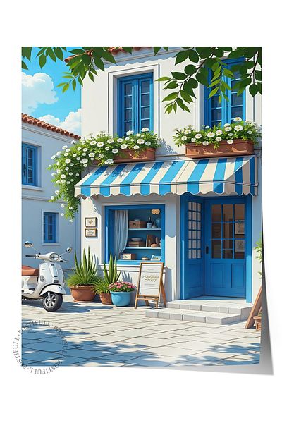 Postifull Frameless Wall Poster, Intimate Cafe, Illustration, Blue Color Poster, 2025 Summer Selection, No:109500