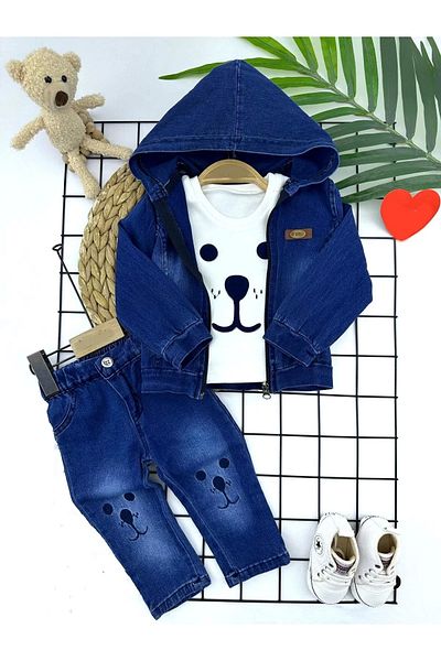 ALFA AKSESUAR 03 9-12-18-24 Months Jeans Fabric Hooded Long Sleeve Sweat Jeans Fabric 3-Piece Baby Boy Set Blue
