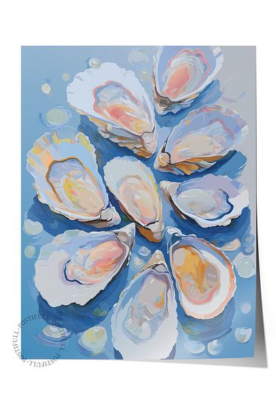 Postifull Frameless Wall Poster, Oysters, Shells, Illustration, Impressionist, Blue, Pastel Tones R