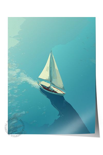 Postifull Frameless Wall Poster, Sailboat, Ocean, Flat Illustration, Blue Color Poster, 2025 Summer Selection, N