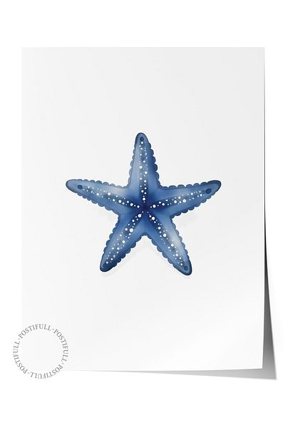 Postifull Poster de perete fără încadrare, stea de mare albastră, ilustrație, poster de culoare albastră, selecție de vară 2025, NR:1