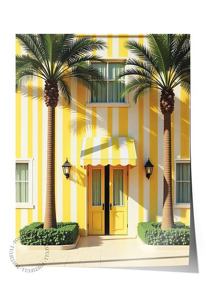 Postifull Frameless Wall Poster, Yellow House and Palm Trees, Photo, Maximalist, Yellow Color Poster, 2025