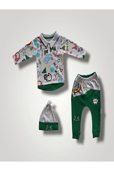 ALFA AKSESUAR 03 6-9 12-18 18-24 Months Power Cat Embroidered Long Sleeve Sweat Hat 3-Piece Baby Girl and Boy Set Green