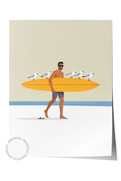 Postifull Frameless Wall Poster, Birds and Surfer, Illustration, Yellow Color Poster, 2025 Summer Selection, No:109