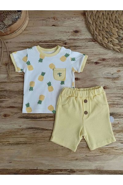ALFA AKSESUAR 03 3-6 6-9 9-12 Months Pineapple Printed Shorts T-shirt 2 Piece Girl Boy Baby Set Yellow