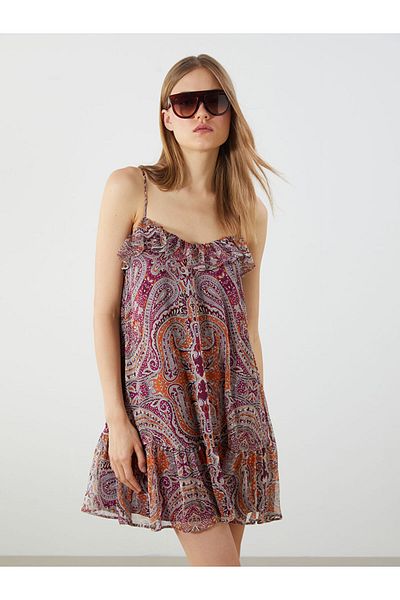 LC Waikiki Μίνι φόρεμα σιφόν σε γραμμή Α με μωβ έθνικ σχέδιο