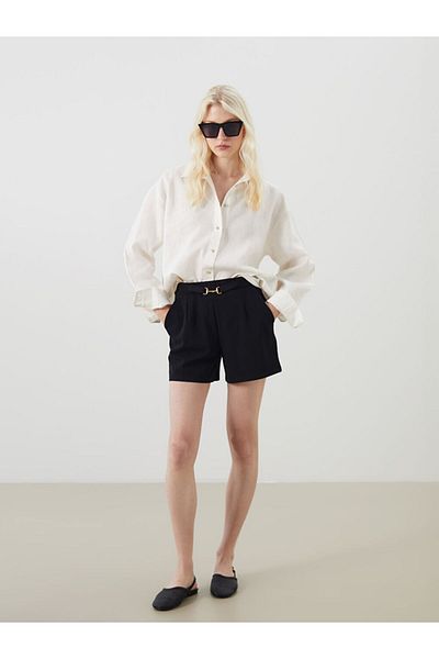 LC Waikiki Black Waist Belted Pleated Women's Shorts