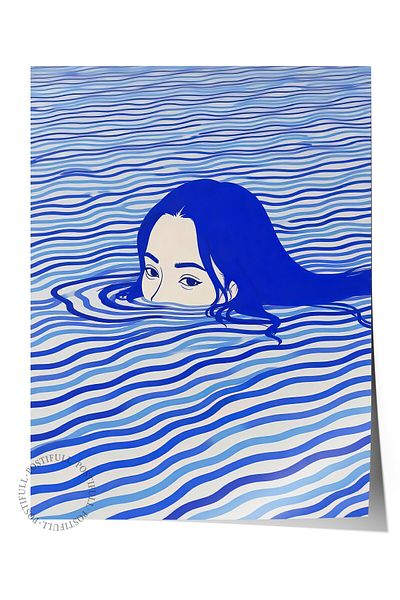 Postifull Frameless Wall Poster, Floating Woman, Illustration, Blue Color Poster, 2025 Summer Selection, No:109719