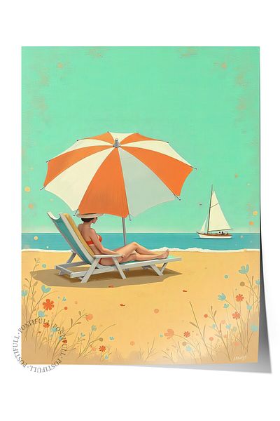 Postifull Frameless Wall Poster, Woman by the Sea, Illustration, Blue Color Poster, 2025 Summer Selection, N