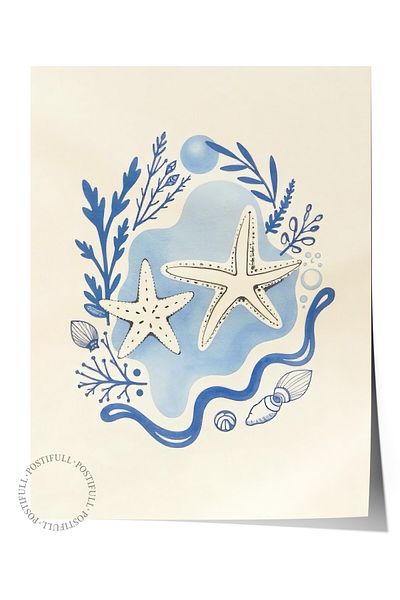 Postifull Frameless Wall Poster, Seashell, Illustration, Blue Color Poster, 2025 Summer Selection, No:109552