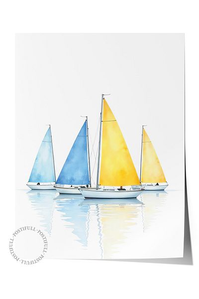 Postifull Frameless Wall Poster, Sailboats, Illustration, Yellow Color Poster, Summer Selection 2025, No:109631