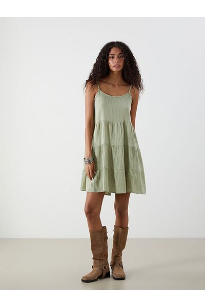 LC Waikiki Xside Khaki U-Neck Textured Mini Dress