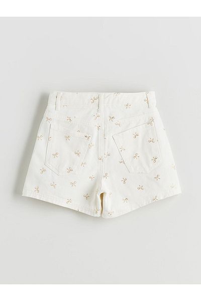 LC Waikiki Ecru Bow Printed Girl's Jean Shorts